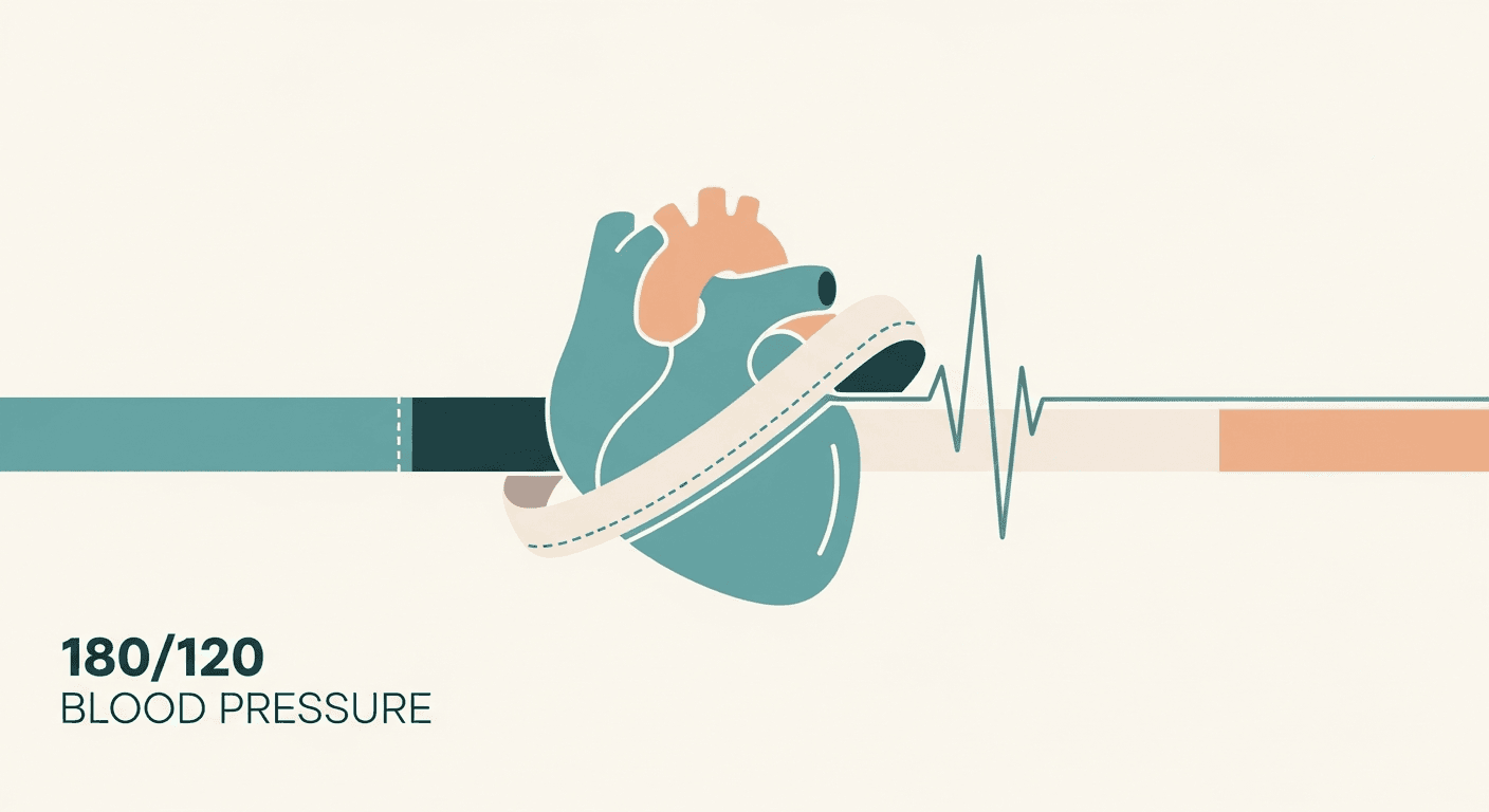 Abstract teal illustration of a blood pressure cuff and pulse line at a very high reading