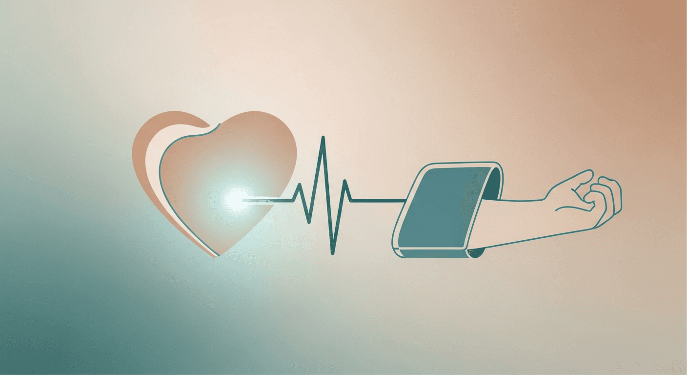 Illustrated arm wearing an upper-arm blood pressure cuff beside a heart and pulse line