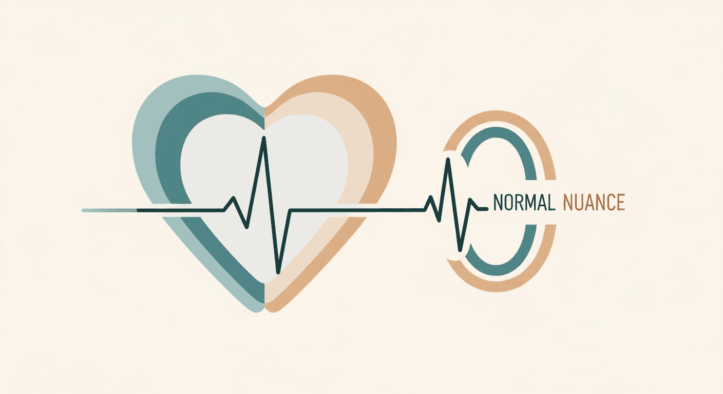Layered teal and peach heart with a pulse line and a small circular range graphic