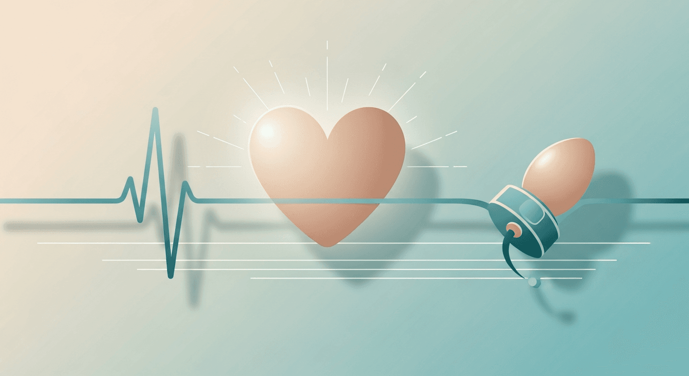 Teal blood pressure cuff, heart, and pulse line illustrating a 135/85 reading