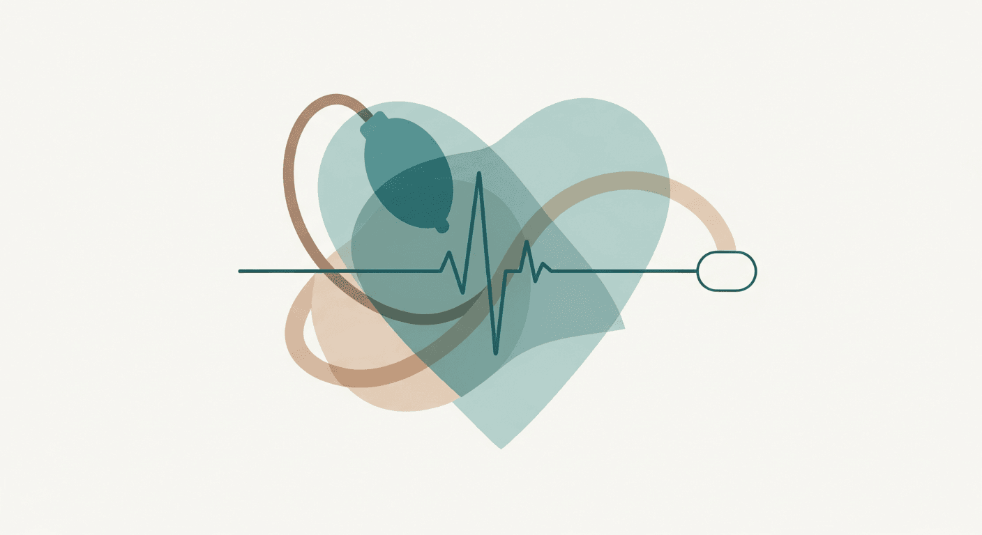 Abstract teal illustration of a home blood pressure monitor near the Stage 2 boundary