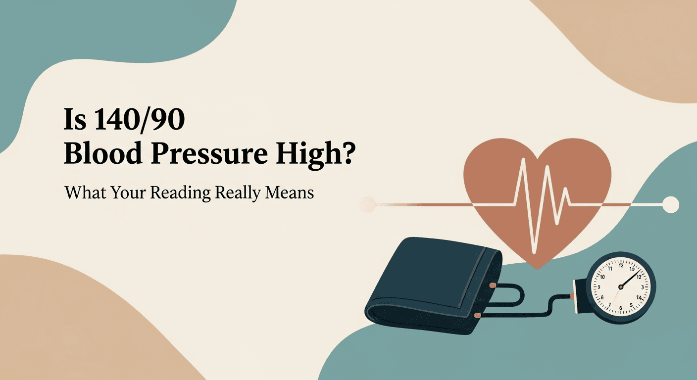 Illustration labeled Is 140/90 Blood Pressure High with a heart, pulse line, cuff, and dial