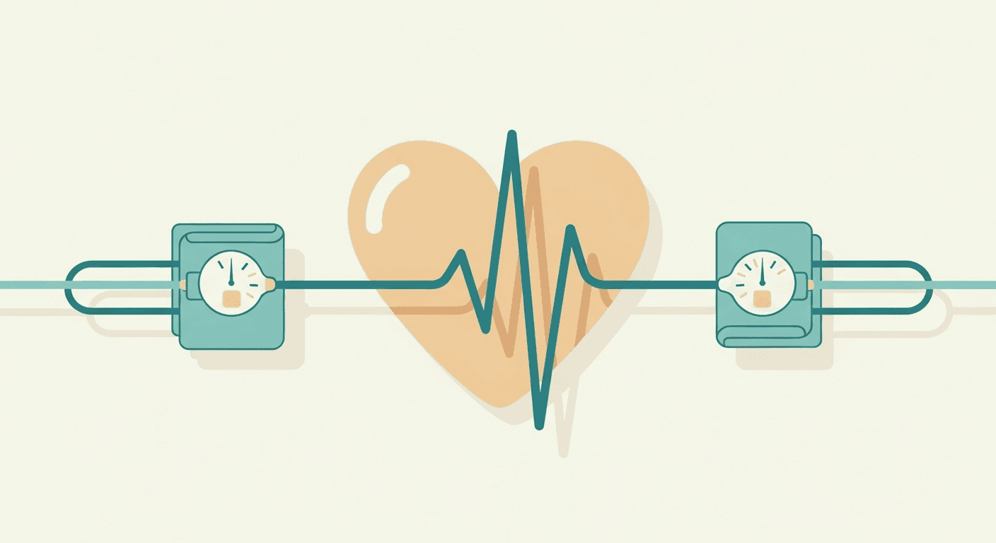 Teal blood pressure monitor and heart illustration showing a 145 over 95 reading