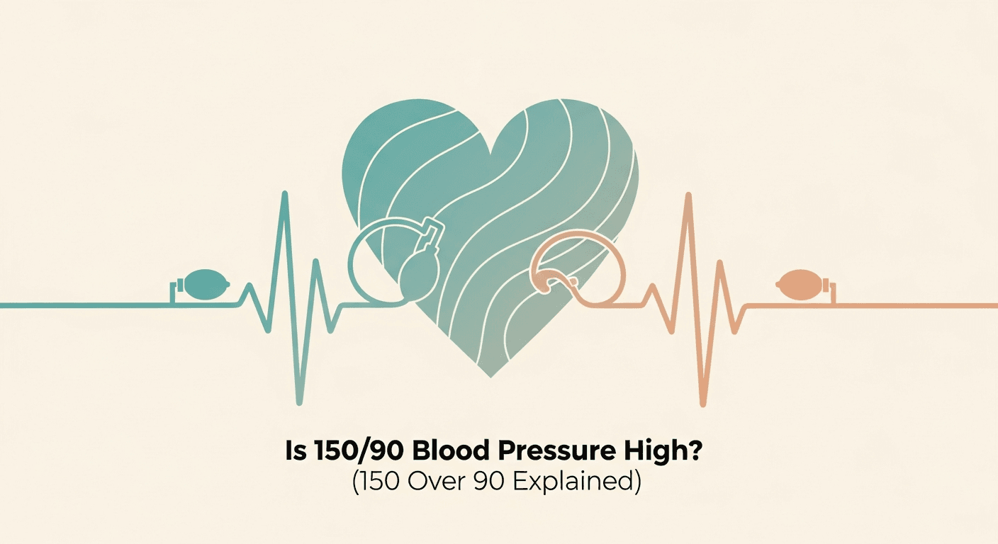 Illustration labeled Is 150/90 Blood Pressure High with a heart, two cuffs, and pulse lines