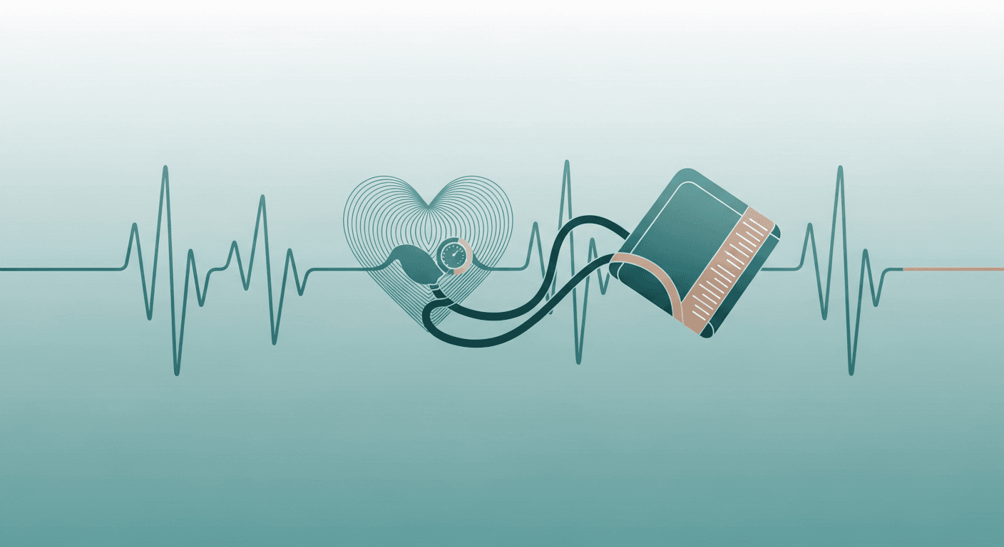 Teal blood pressure cuff and gauge crossing a heart-shaped line pattern and pulse trace