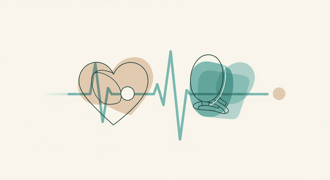 Stethoscope, heart, pulse line, and blood pressure cuff in teal and peach