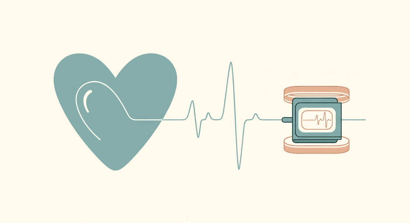 Teal heart and pulse line leading to an illustrated blood pressure app screen
