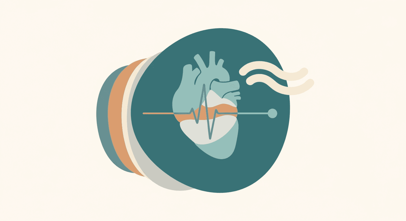 Abstract teal and orange illustration of a heart and pulse line inside overlapping circles