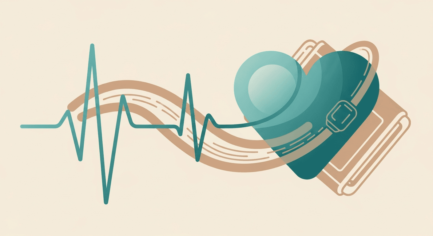 Teal and peach illustration of a blood pressure cuff, heart, and pulse line