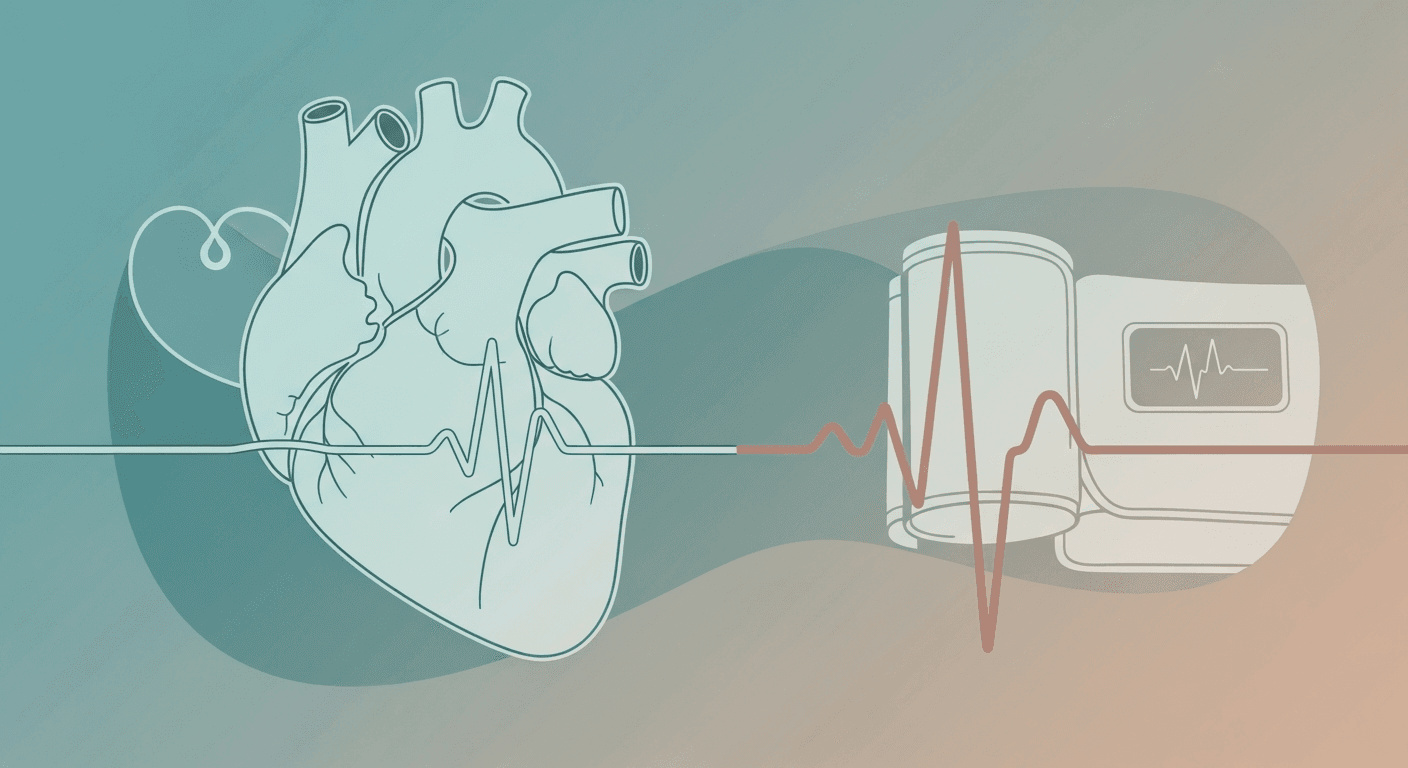 Teal and peach illustration of a blood pressure cuff, warning symbol, and pulse line