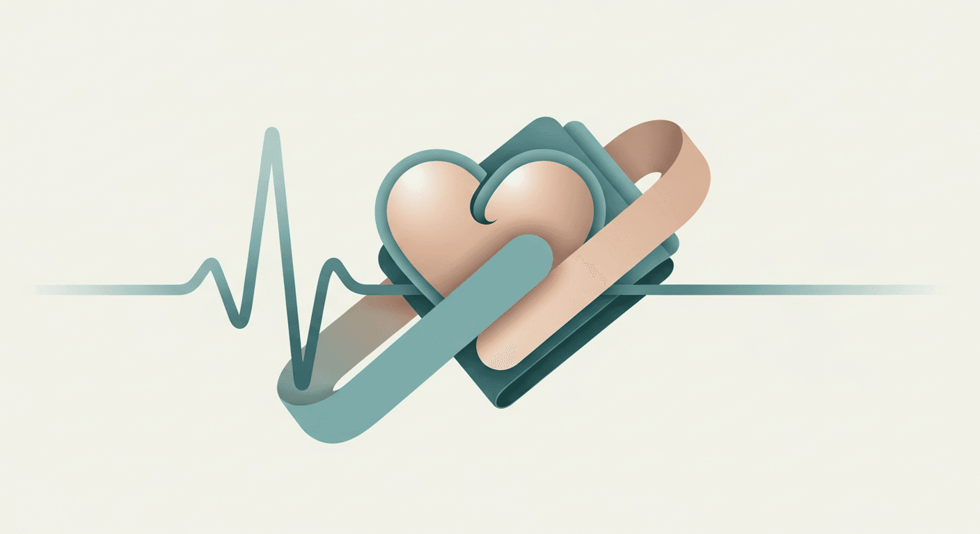 Layered heart and blood pressure cuff crossed by a teal pulse line