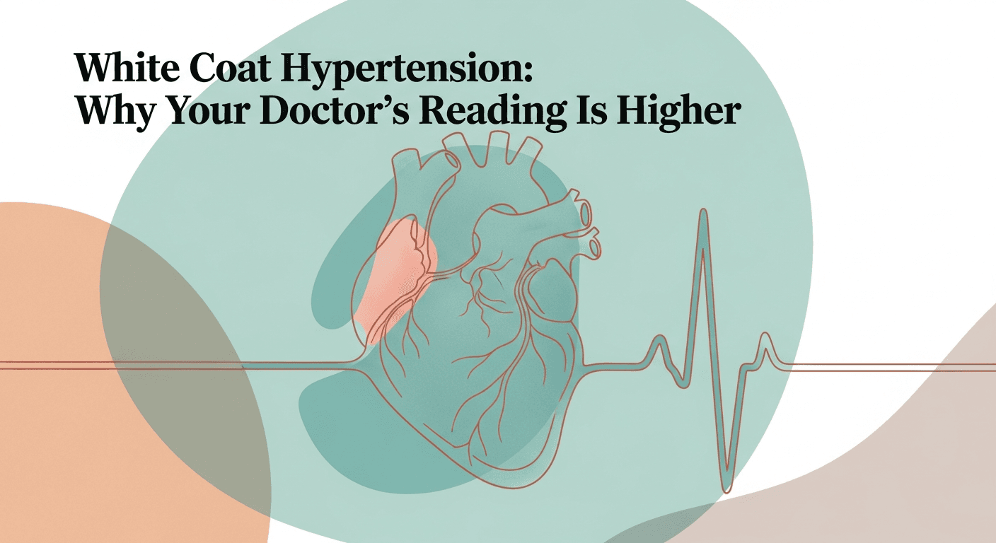 Illustration titled White Coat Hypertension with a heart, pulse line, and overlapping teal and peach shapes